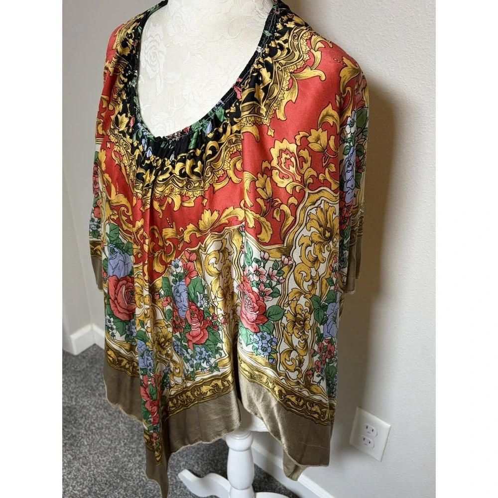 Handmade Poncho Cape~OS~Made from a Vintage Silk Scarf Floral Scroll Boho Resort